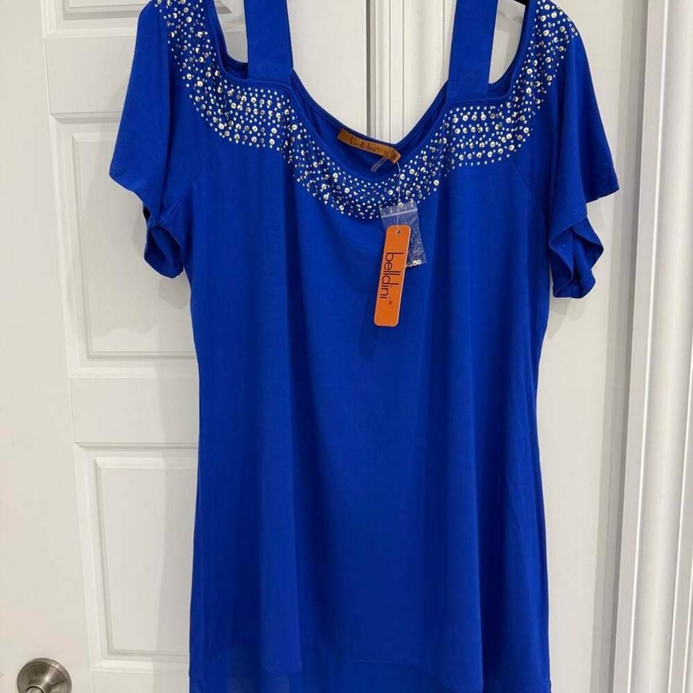 Belladini Cobalt Rhinestone Cold Shoulder Tunic Top 1X NWT